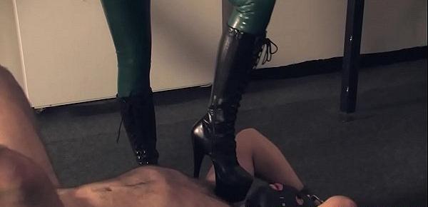  Femdom tramples slave after whipping
